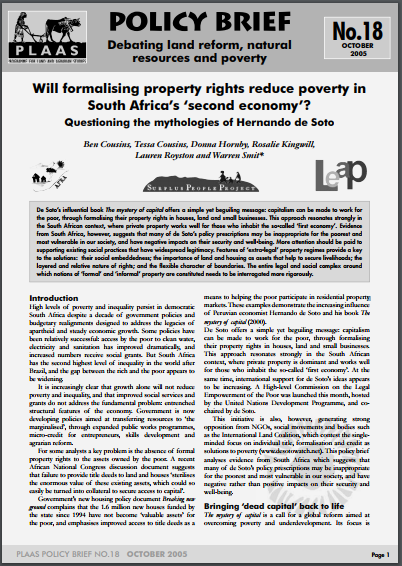 Will formalising property rights reduce poverty in South Africa’s ‘second economy’? 