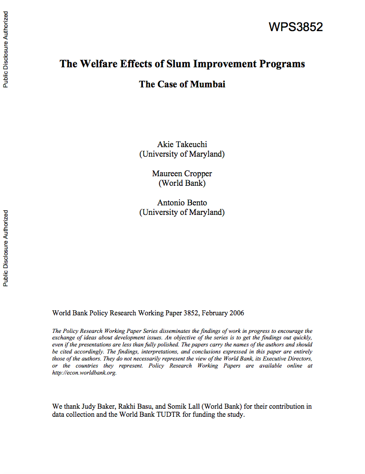 The Welfare Effects of Slum Improvement Programs : The Case of Mumbai cover image