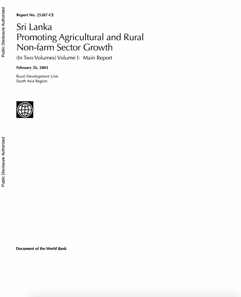 Sri Lanka : Promoting Agricultural and Rural Non-farm Sector Growth, Volume 1. Main Report cover image