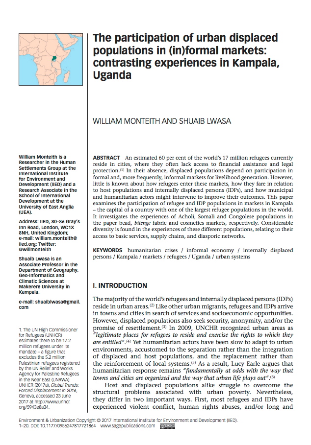 The participation of urban displaced populations in (in)formal markets: contrasting experiences in Kampala, Uganda cover image