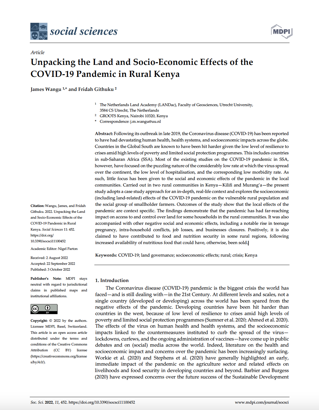 Land and Socio‐Economic Effects of the COVID‐19 Pandemic in Rural Kenya