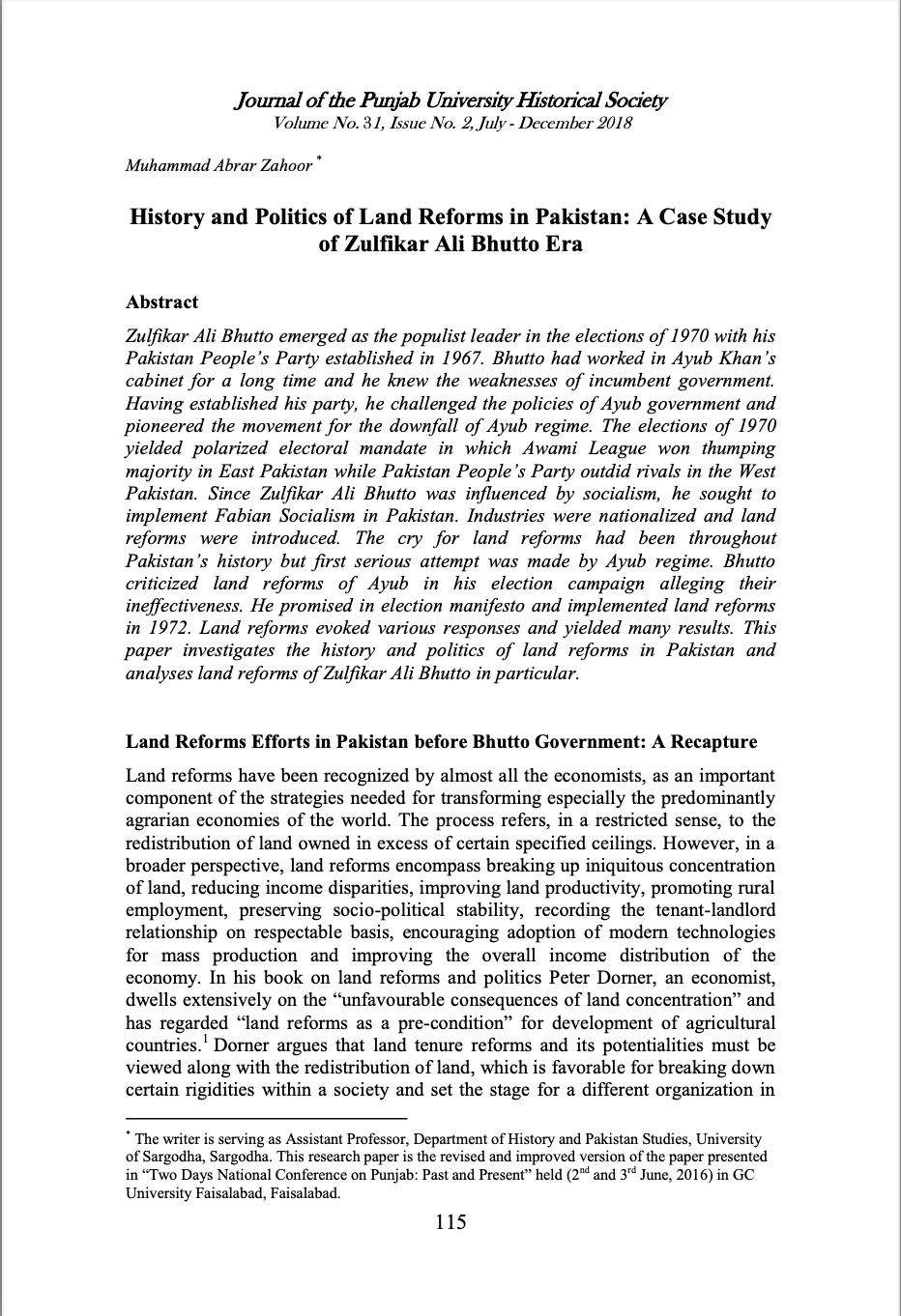 History and Politics of Land Reforms in Pakistan: A Case Study of Zulfikar Ali Bhutto Era