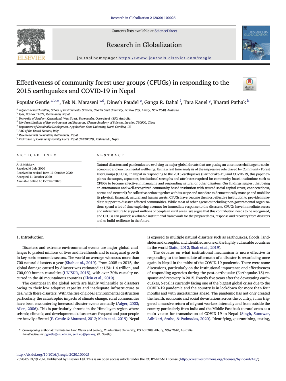 Effectiveness of community forest user groups (CFUGs) in responding to the 2015 earthquakes and COVI
