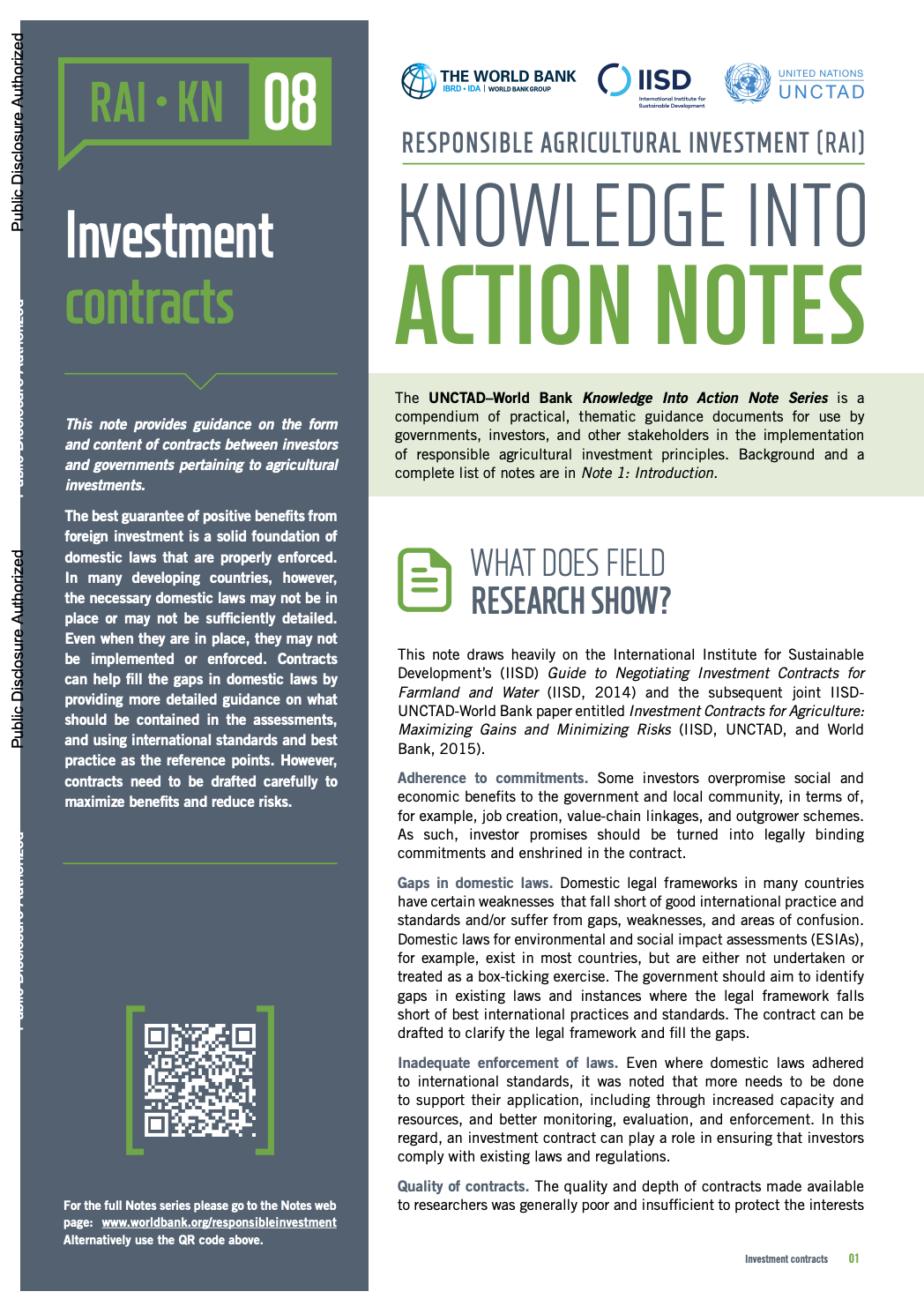 Responsible Agricultural Investment (RAI): Knowledge into Action Notes series - 8 - Investment Contracts cover image