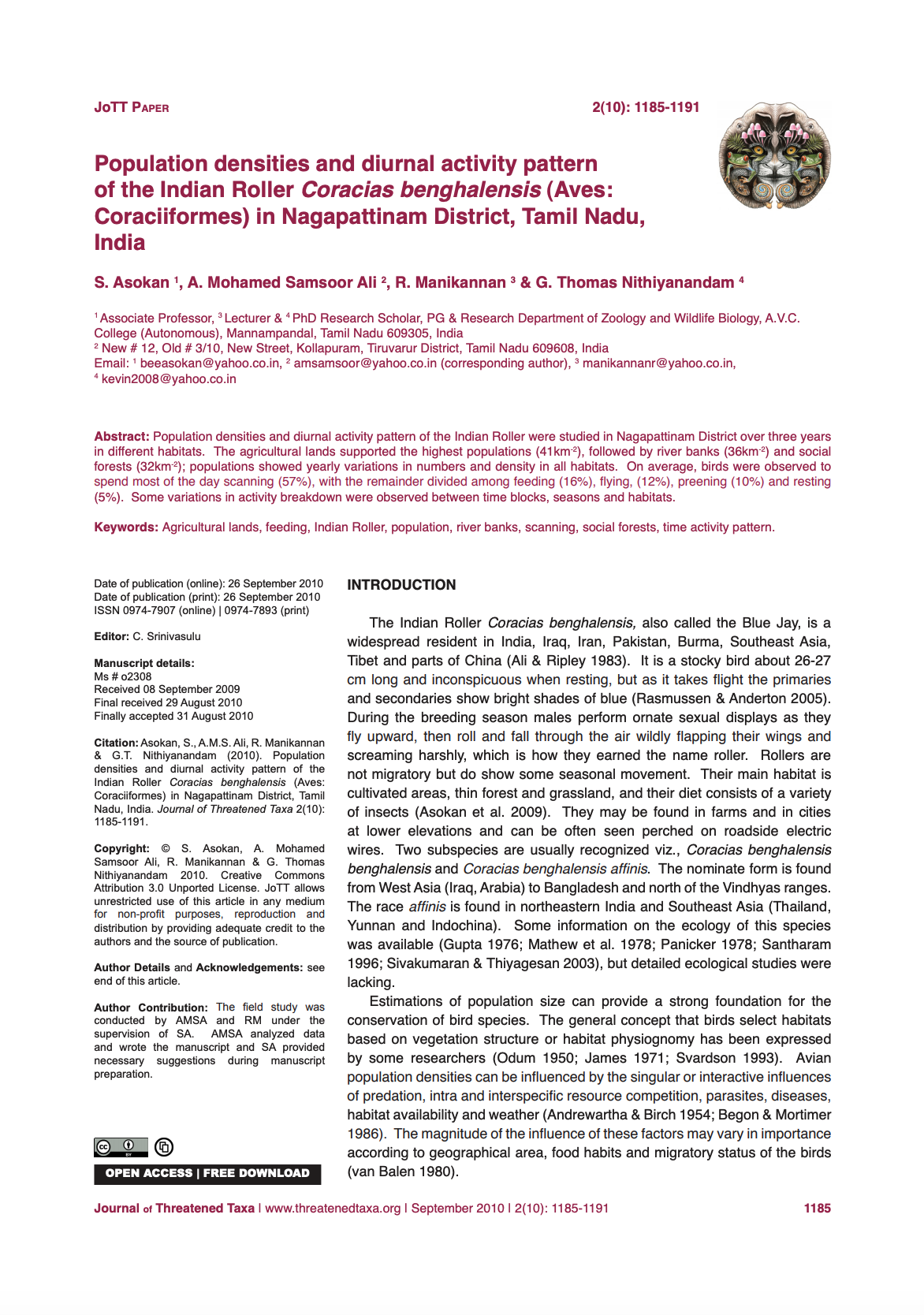 Population densities and diurnal activity pattern of the Indian Roller Coracias benghalensis (Aves: Coraciiformes) in Nagapattinam District, Tamil Nadu, India cover image