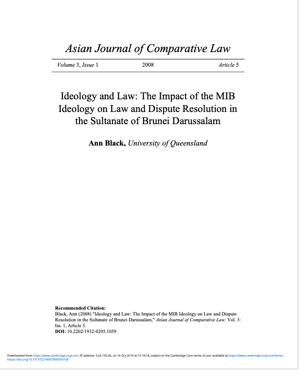 Ideology and Law: The Impact of the MIB Ideology on Law and Dispute Resolution in the Sultanate of Brunei Darussalam