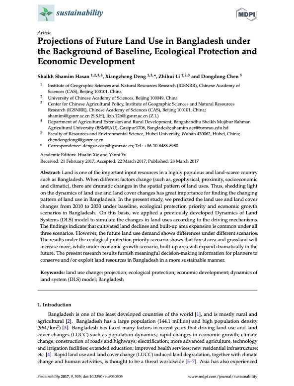 Projections of Future Land Use in Bangladesh under the Background of Baseline, Ecological Protection and Economic Development