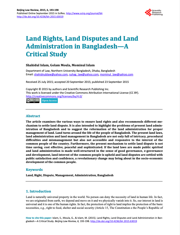 Land Rights, Land Disputes and Land Administration in Bangladesh—A Critical Study