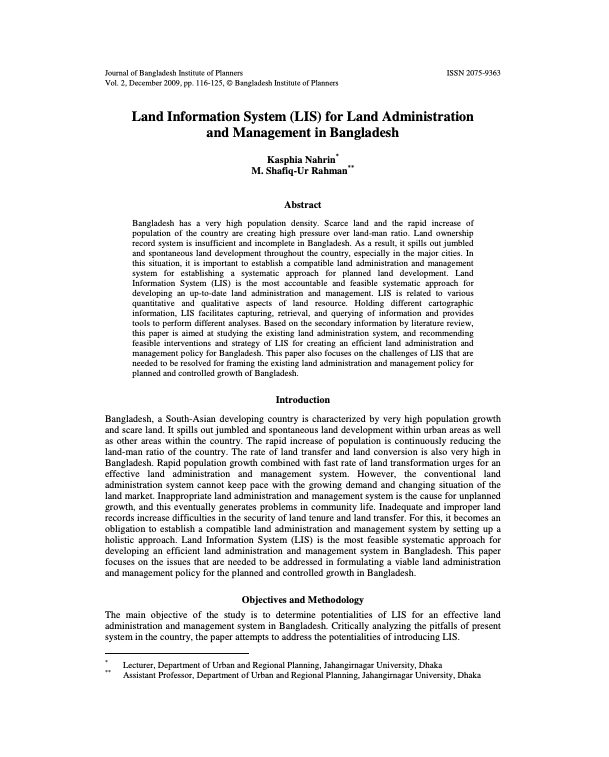 Land Information System (LIS) for Land Administration and Management in Bangladesh