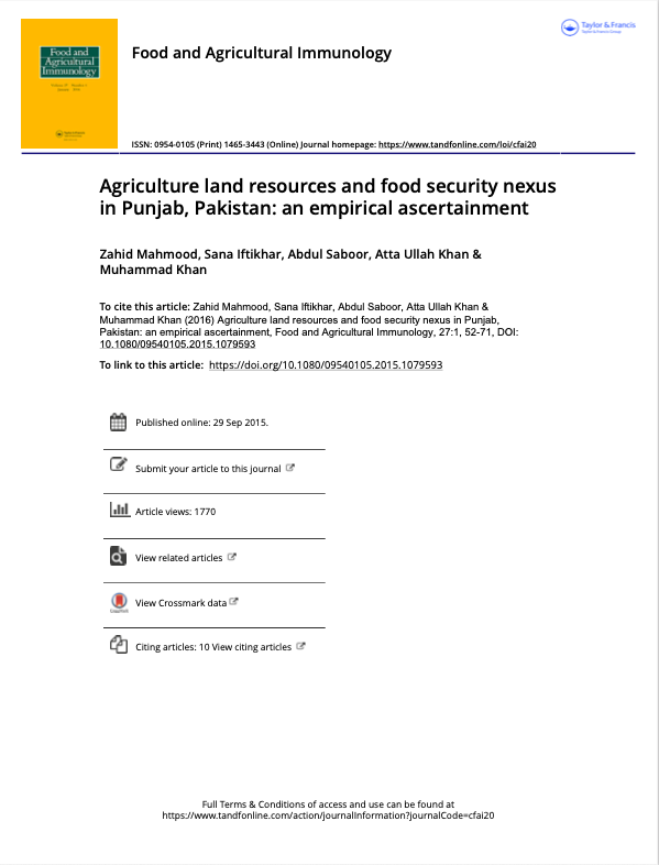 Agriculture land resources and food security nexus in Punjab, Pakistan: an empirical ascertainment