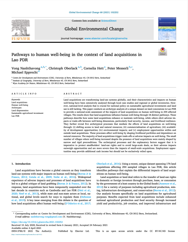 Pathways to human well-being in the context of land acquisitions in Lao PDR