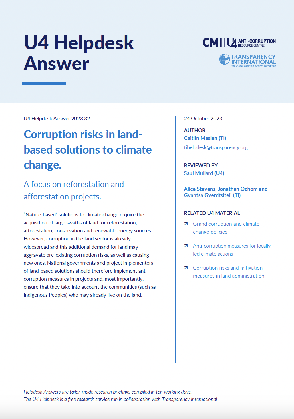 Corruption risks in land-based solutions to climate change