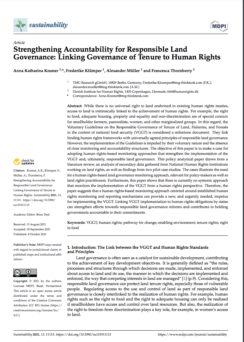 Strengthening Accountability for Responsible Land Governance: Linking Governance of Tenure to Human 