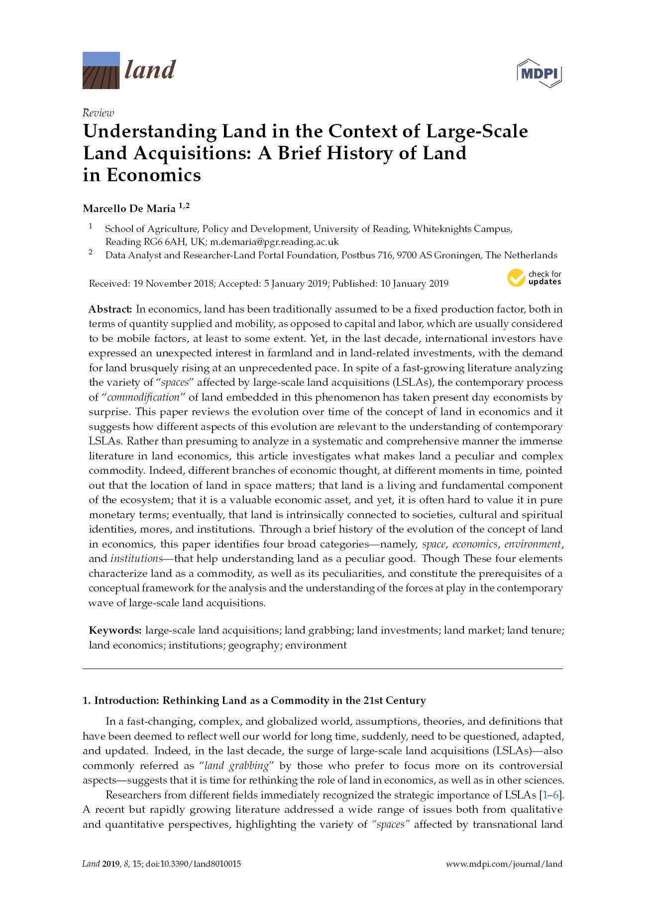 Understanding Land in the Context of Large-Scale Land Acquisitions: A Brief History of Land in Economics