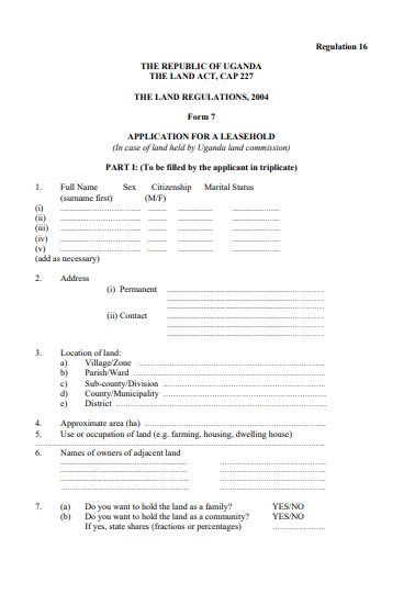 THE LAND REGULATIONS, 2004 Form 7