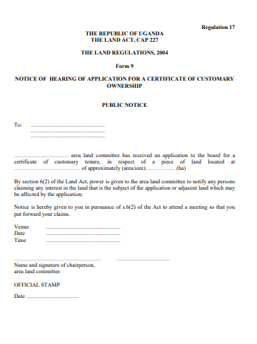 THE LAND REGULATIONS, 2004 Form 9