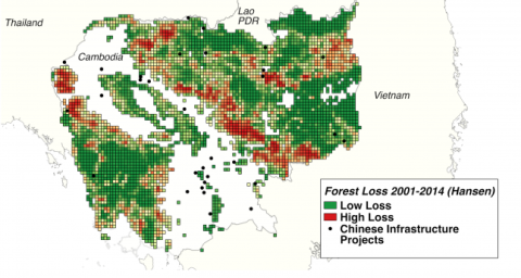 This map draws on Chinese infrastructure project location data from AidData and forest cover loss data from Hansen et al. (2013).
