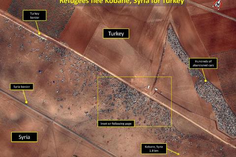 KOBANE, SYRIA AND SYRIA TURKEY BORDER REGION - OCTOBER 15, 2014: Satellite data shows abandoned cars as refugees flee from Syria. Satellites have the ability to map out the flow of refugees, and can be used for humanitarian purposes. (Photo GETTY)